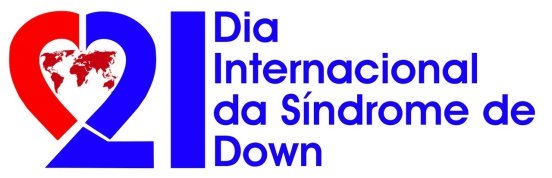 lofo do dia internacional da sindrome de down em vermelho e azul, com o numero 21 fazendo um coracao e um planisferio dentro .